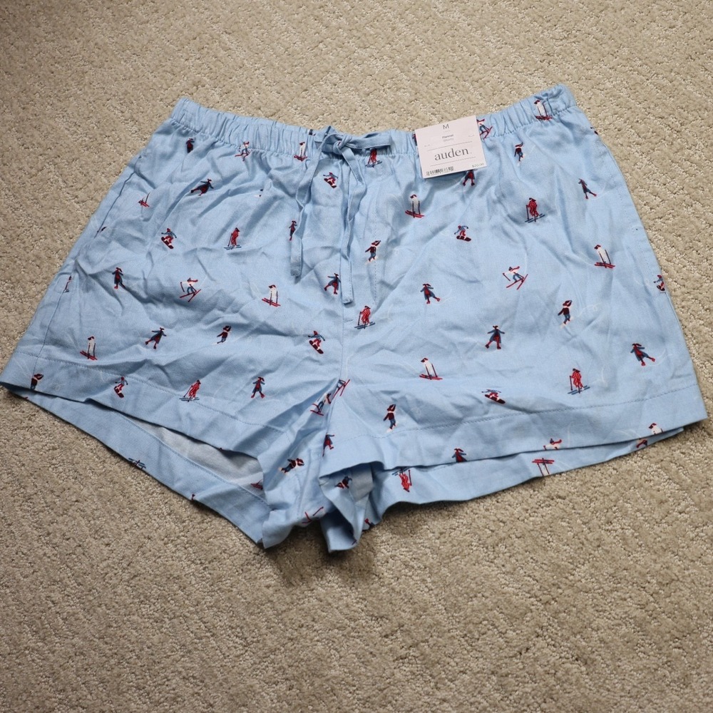 Auden Flannel Pajama Shorts Blue Winter Sports Skier Print Medium NWT